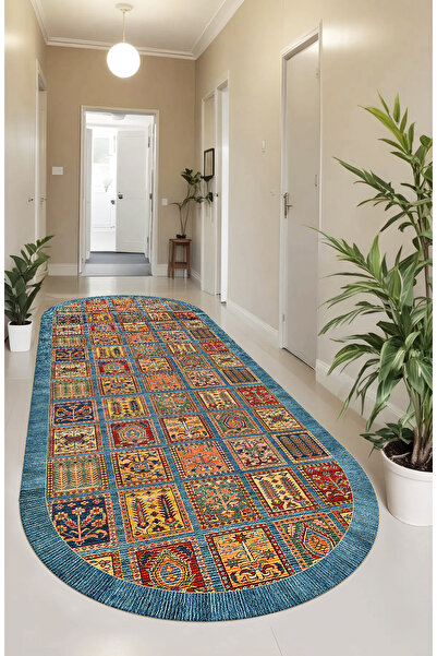 GECE MODA ETNİK DESENLİ DİJİTAL BASKILI Mavi Kaymaz Taban Yıkanabilir Mutfak ...