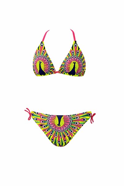 hazelin Girl's Yellow Peacock Patterned Triangle Bikini Set for Ages 6-14 Hzl...