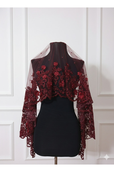 Anka kına evi Burgundy Bridal Veil Henna Cover Set with Flocked Glitter, 3D Satin Floral and Pearl Henna Cover