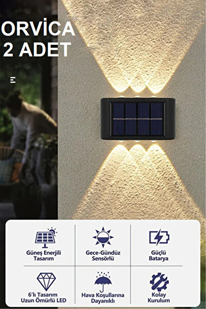 ORVİCA BEYAZ IŞIK 2 Adet 6 Ledli Modern Solar Çift Taraflı Aplik Güneş Enerji...