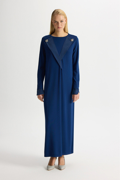 MISS DALIDA Yaka ve Bilek Detaylı Triko Elbise Dark Navy