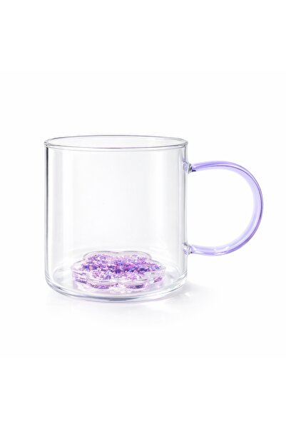 Ginza Mug with 3D purple flower, double walls, borosilicate glass and glitter...