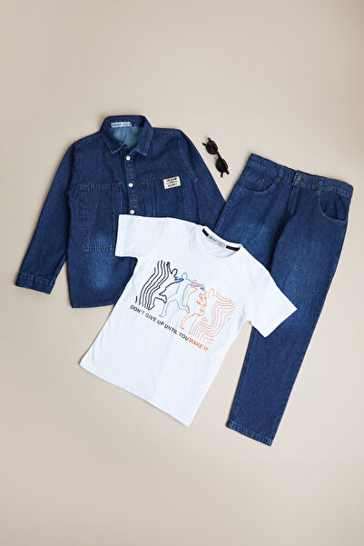 Fulla Moda Чоловічий дитячий джинсовий костюм з 3-ма елементами та поло з ґуд...