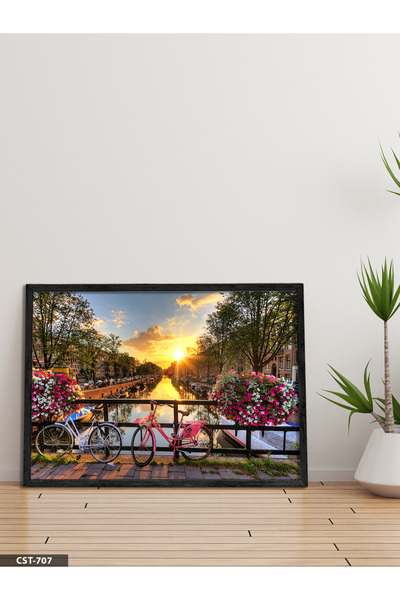 Evinemoda Tablou cu flori și biciclete într-o singură bucată, cu ramă din lem...