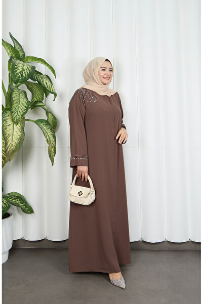 HNT Hayrunnisa Tesettür Büyük Beden Omuz Taş İşlemeli Anne Elbise Pudra HNT1002
