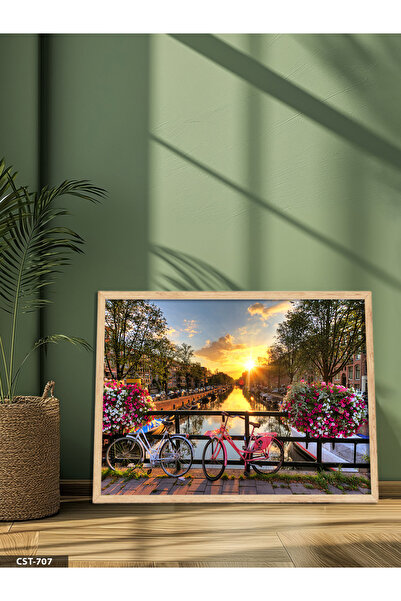 Evinemoda Tablou cu flori și bicicletă într-o singură bucată, cu ramă din lemn