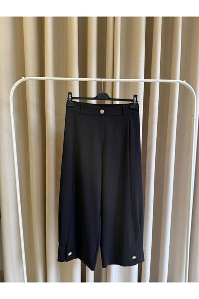 Sentez 5626 Venüs Paçası Pileli Düğmeli Pantolon Siyah