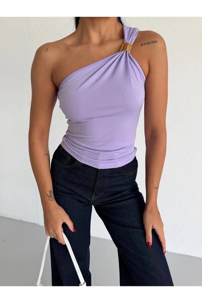 hazelin Women's Lilac One-Shoulder Sandy Blouse with Gold Metal Detail Hzl26S...