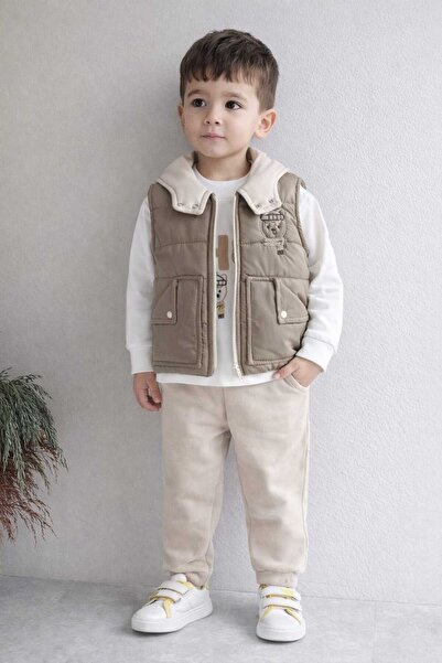 Hippıl Baby Hippil Bebek Kapüşonlu Şişme Yelekli 3 Lü Takım Haki-Bej 1-2-3 Yaş