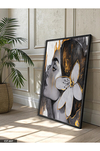 Evinemoda Zlatni detaljan portret žene, jednodijelna slika u crnom drvenom ok...