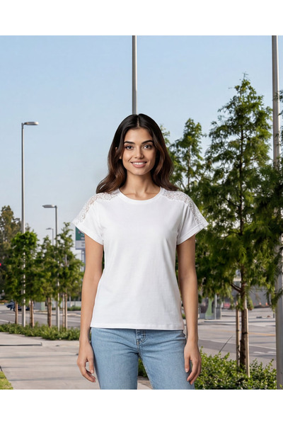 REDTAG Women White Lace Jersey Top