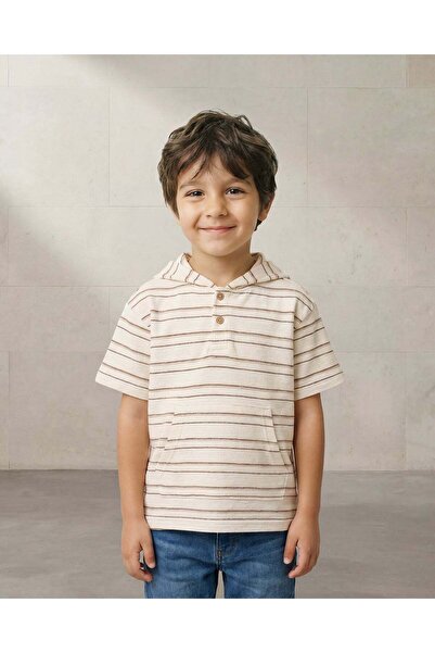 REDTAG Boys Junior Ivory & Brown Stripe Hooded T-Shirt