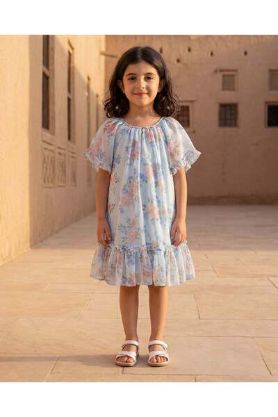 REDTAG Girls Blue Floral Printed Chiffon Dress with Flutter Sleeves