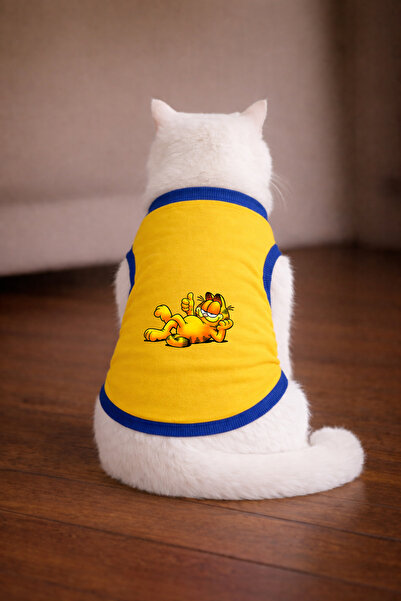 petite pati تيشيرت أصفر اللون مطبوع عليه قطة من Garf2 مقاس L (100% قطن ممشط)