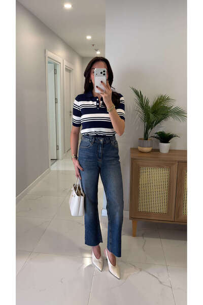 BİRCANÇİL Blugi Yelta bleumarin cu talie extra înaltă și picior decupat