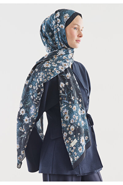 Fresh Tiny Daisy Patterned Cotton Viscose Shawl Navy Blue