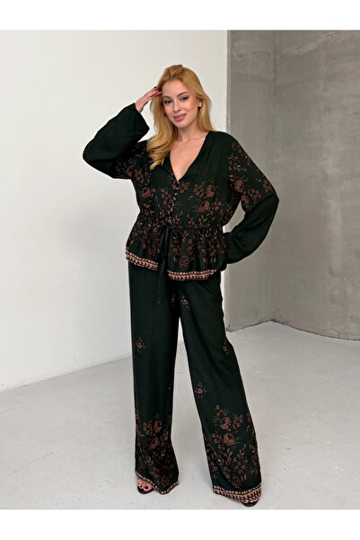 Cool & Sexy Women's Viscose Fabric Patterned V-Neck Belted Top and Bottom Set...