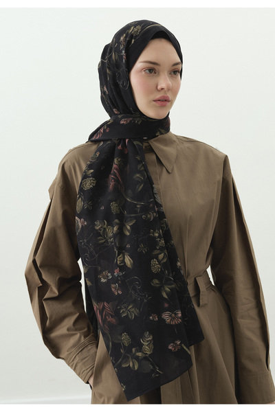 Fresh Gisele Patterned Cotton Viscose Shawl Black