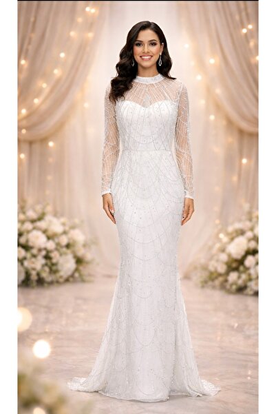 GÜZELLER Balık Model Uzun Kol Pullu Boncuklu Nikah İsteme Söz Nişan Elbisesi ...