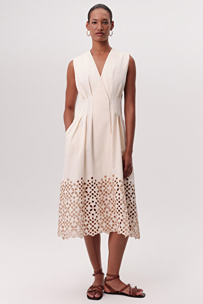 Exquise V Yaka Kemerli Cepli Regular Midi Elbise