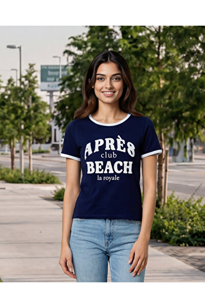 REDTAG Women Navy Rib Printed T-Shirt