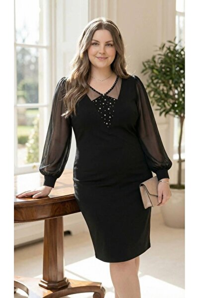 Şirin Butik Kadın Siyah Büyük Beden Taş Detaylı Esnek Abiye Elbise