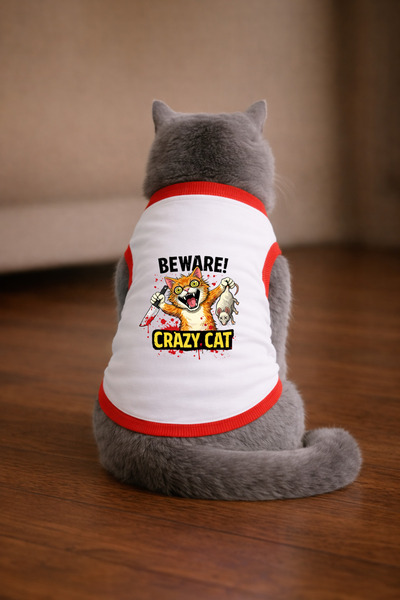 petite pati تيشيرت أبيض مطبوع عليه قطة كريزي كات مقاس XS (100% قطن ممشط)