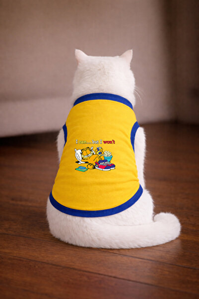 petite pati تيشيرت أصفر اللون مطبوع عليه قطة من Garf4 مقاس L (100% قطن ممشط)