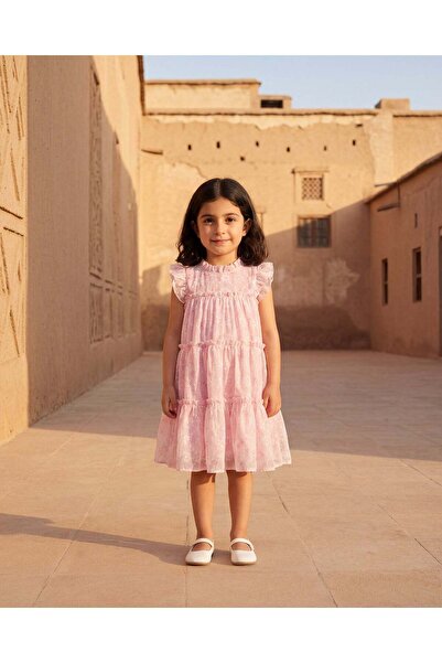 REDTAG فستان وردي مطرّز من قماش شبكي متعدد الطبقات