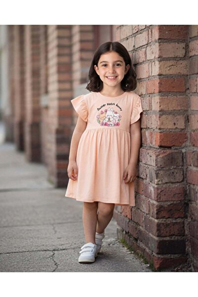 REDTAG Girls Orange Butterscotch Bunny Printed Knit Dress