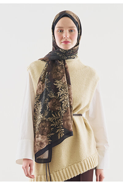 Fresh Soft Hibiscus Patterned Cotton Viscose Shawl Black