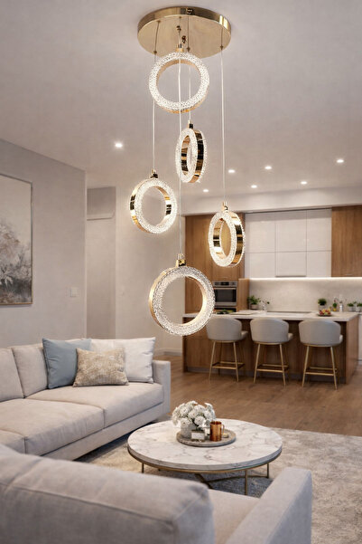 TREND KAFKAS 5 Lİ KRİSTAL HALKA SARKIT LED AVİZE