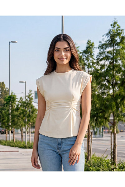 REDTAG Women Beige Front Elastic Detailed Jersey Top