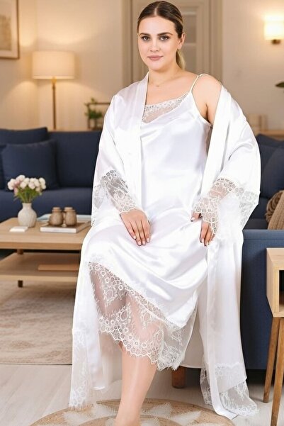 tarzımsüper Plus Size Lace Long Satin Nightgown and Robe Set – Premium Series