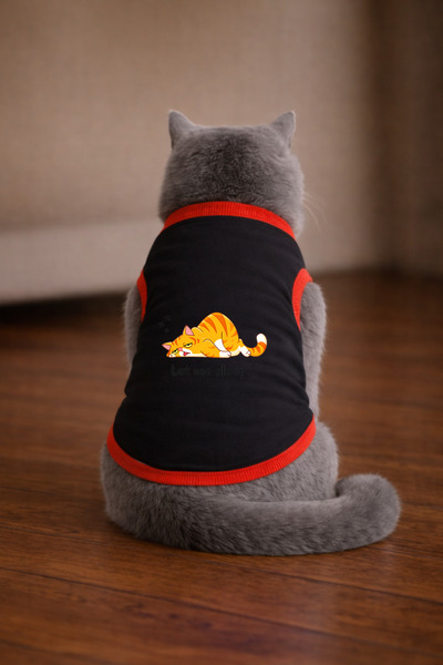 petite pati تيشيرت أسود مطبوع عليه قطة كسولة مقاس S (100% قطن ممشط)