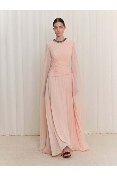 BAQA İşlemeli Drape Detaylı Şifon Elbise