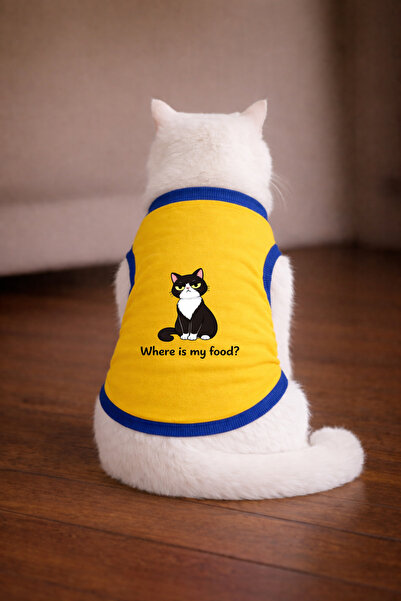 petite pati تي شيرت للقطط مطبوع عليه Yellow Food Cat مقاس S (100% قطن ممشط)