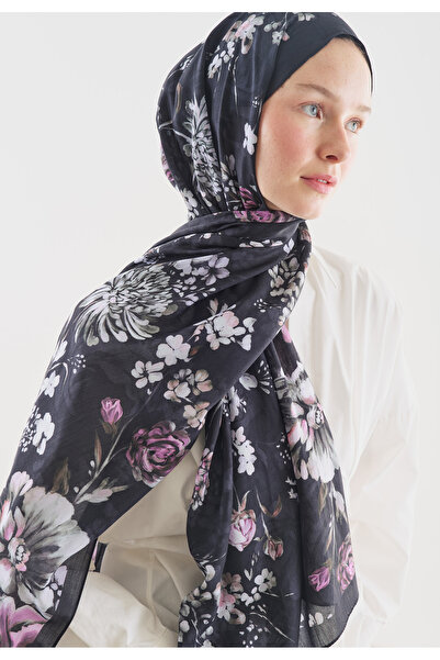 Fresh Midnight Rose Patterned Cotton Viscose Shawl Night Blue