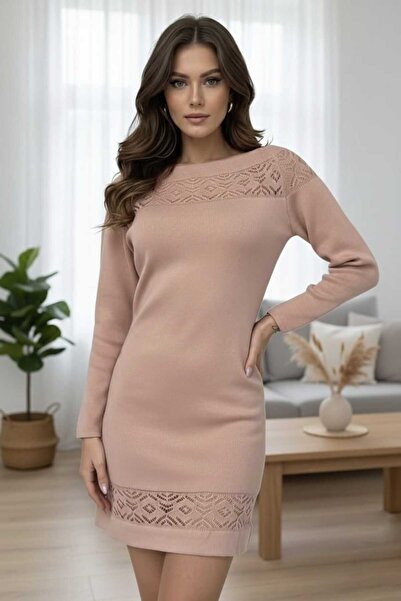 citystyle Women's Powder Knitwear Dress Boat Neck Long Sleeve Openwork Lace D...
