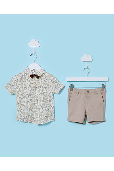 REDTAG Infant Boys Beige Shirt With Bow And Shorts Set (3 Piece)