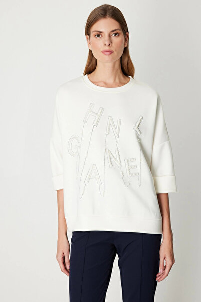 On Fashion Women's Pearl Written Half Sleeve Ecru Sweatshirt 66339