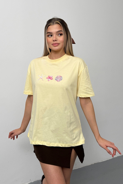 GİYSA Ženska školjka Štampano 100% pamuk kom T-shirt žuta - 26Y 26512