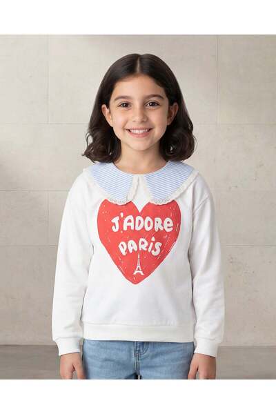 REDTAG Girls Off-White Heart Embroidery Sweatshirt With Stripe Collar