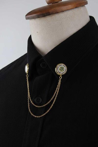 Kravatkolik Yeşil Taşlı Altın Renk Gömlek Yaka Aksesuarı GI266