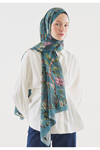 Fresh Flower Rain Patterned Cotton Viscose Shawl Ocean