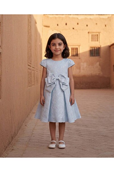 REDTAG Girls Blue Asymmetric Jacquard Bow Dress