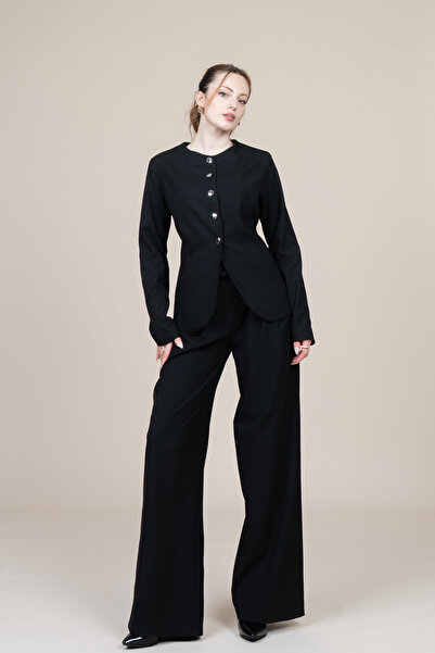 MissVina Round Neck Jacket and High Waist Wide Leg Pants