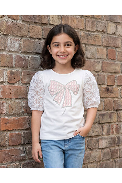 REDTAG Girls White Lace-Sleeve Jersey Top with Butterfly Embellishment