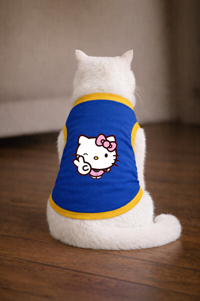 petite pati تيشيرت بلو هيلو كي 3 مطبوع عليه قطة مقاس M (100% قطن ممشط)
