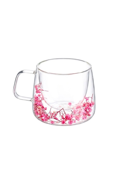 Ginza Mug with pink dried flower insert, double walls, borosilicate glass, 20...